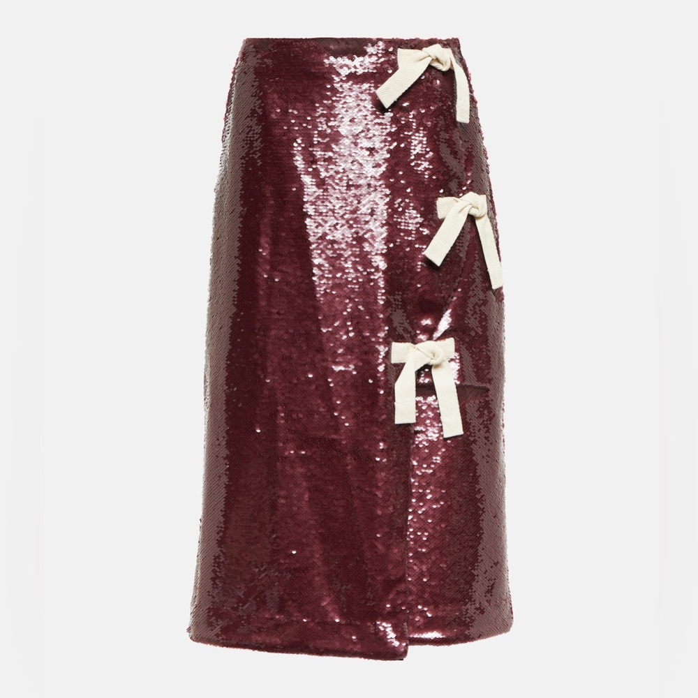 BNWT Ganni Wine Sequin Midi Skirt with Ivory Bows
